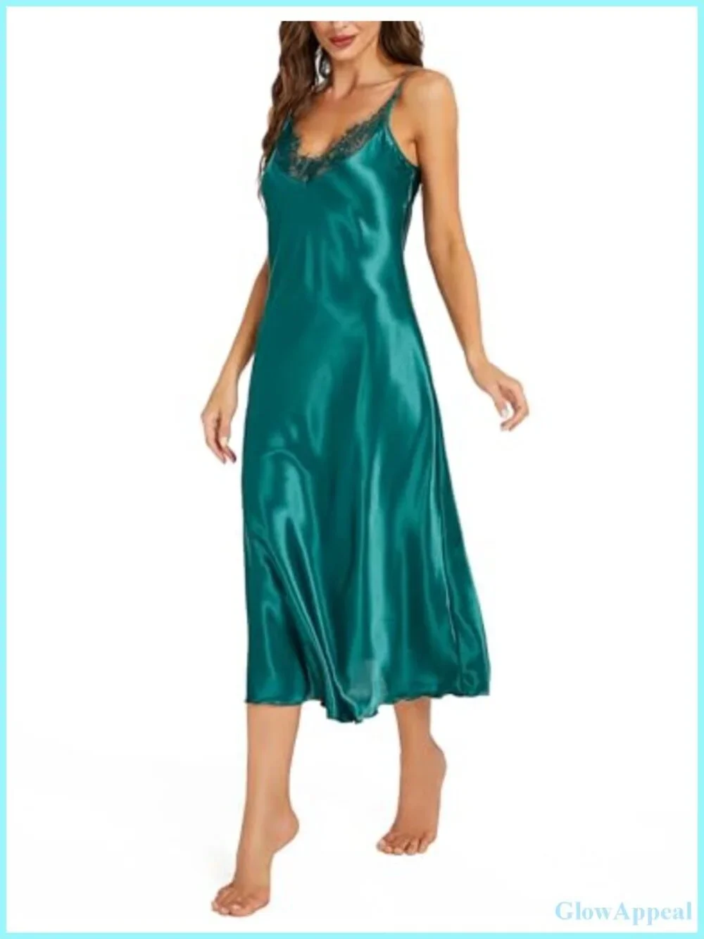 Silk Satin Nightgown Adjustable Strap Lace Trim V Neck Slip Dress Women